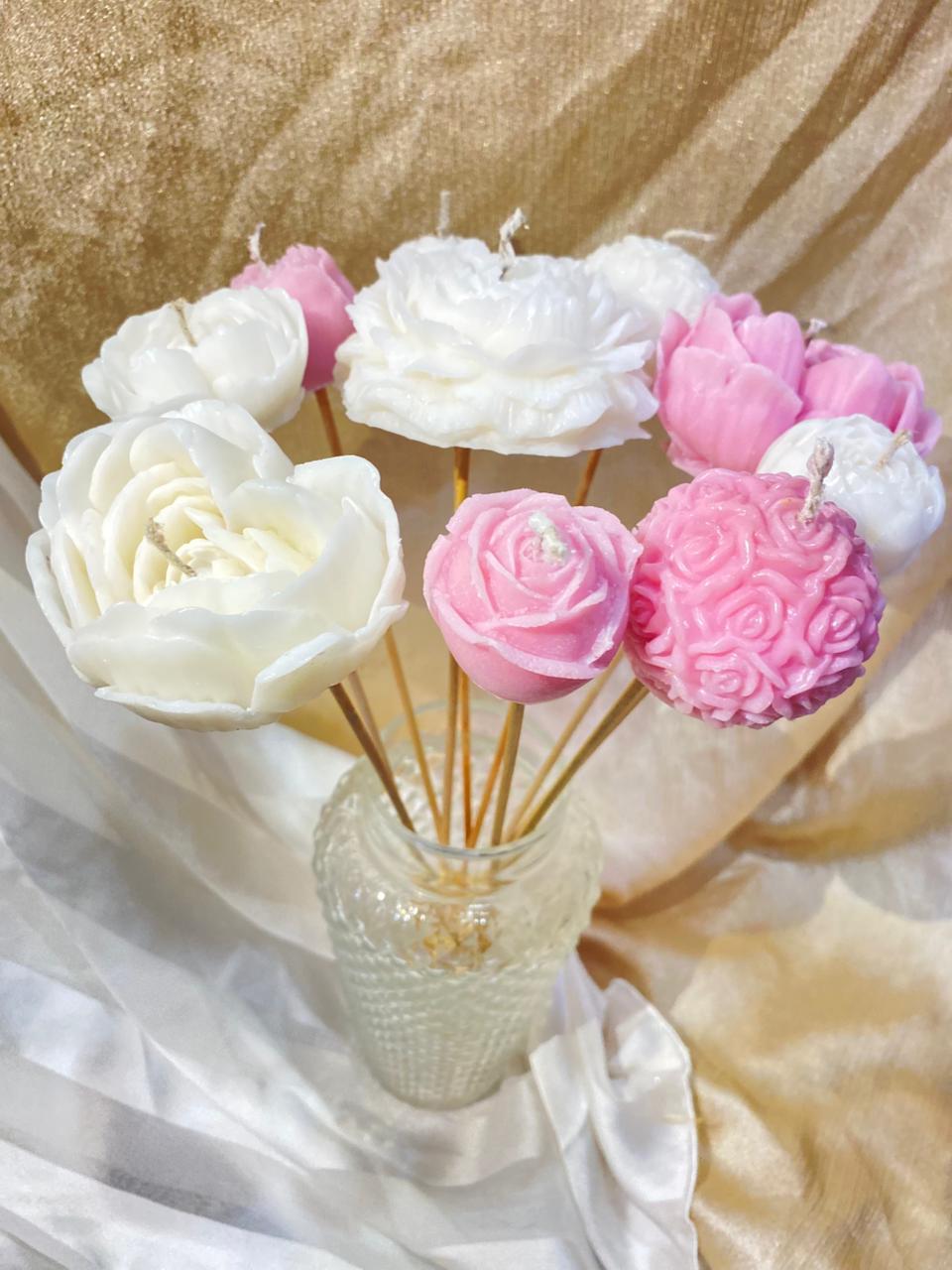 12 Pc Different Shapes Flower Scented Candles for Bouquet with Wooden Stick You can only Fresh Wrap in Bucky Look on your choice we Delivered only Candles on Wooden Stick