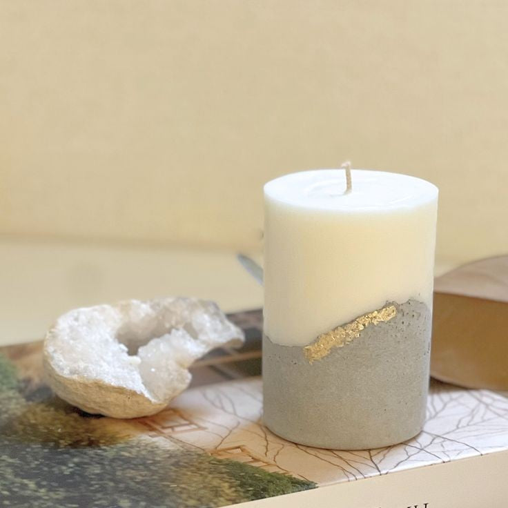 1pc Concrete Base Stylish Scented Candle size 10cm by 5cm,For Home Decor with Gold Foil Effect looking Elegant