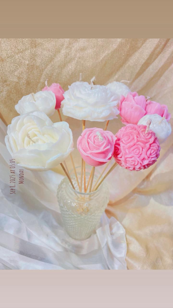 12 Pc Different Shapes Flower Scented Candles for Bouquet with Wooden Stick You can only Fresh Wrap in Bucky Look on your choice we Delivered only Candles on Wooden Stick