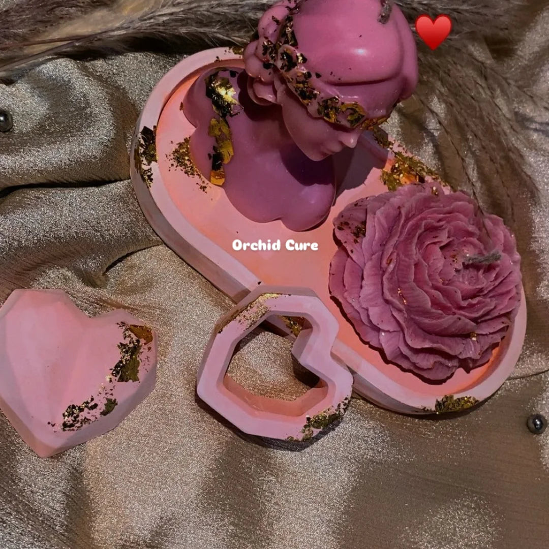 5Pc Home Decor Set Including 2 Pc Different styles Scented Candles Dill shape and Peony Flower,2pc Heart Shape Stones in Different Shapes,1pc Ovel Ashtray with Gold Art